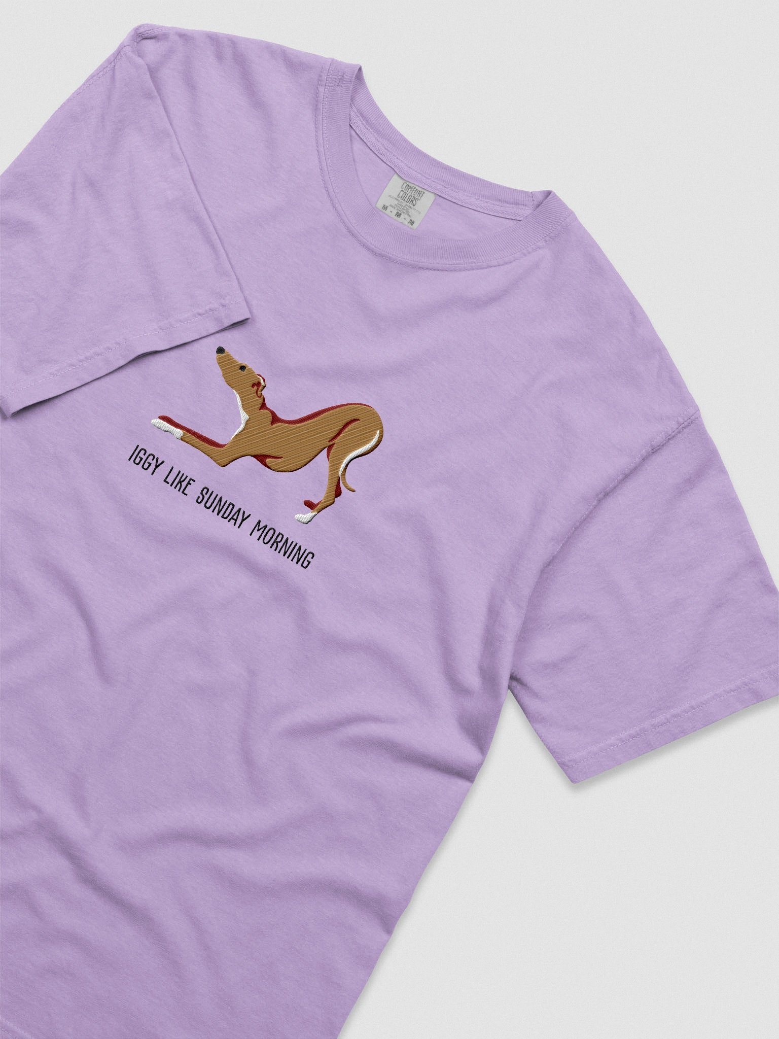 Iggy Like Sunday Morning T-Shirt(Embroidered) of an Italian Greyhound(Tan) product image (8)