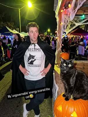 Bro thought he was spooky season goals but got ratio'd by a literal cat. This
 Halloween fit was supposed to be *it* and then this furry menace pulled up with the jump
 scare. I'm actually traumatized. Send help. Or treats. #HalloweenFail #CatReactions #SpookySeason #UngovernableVibes
 #CostumeDebacle 