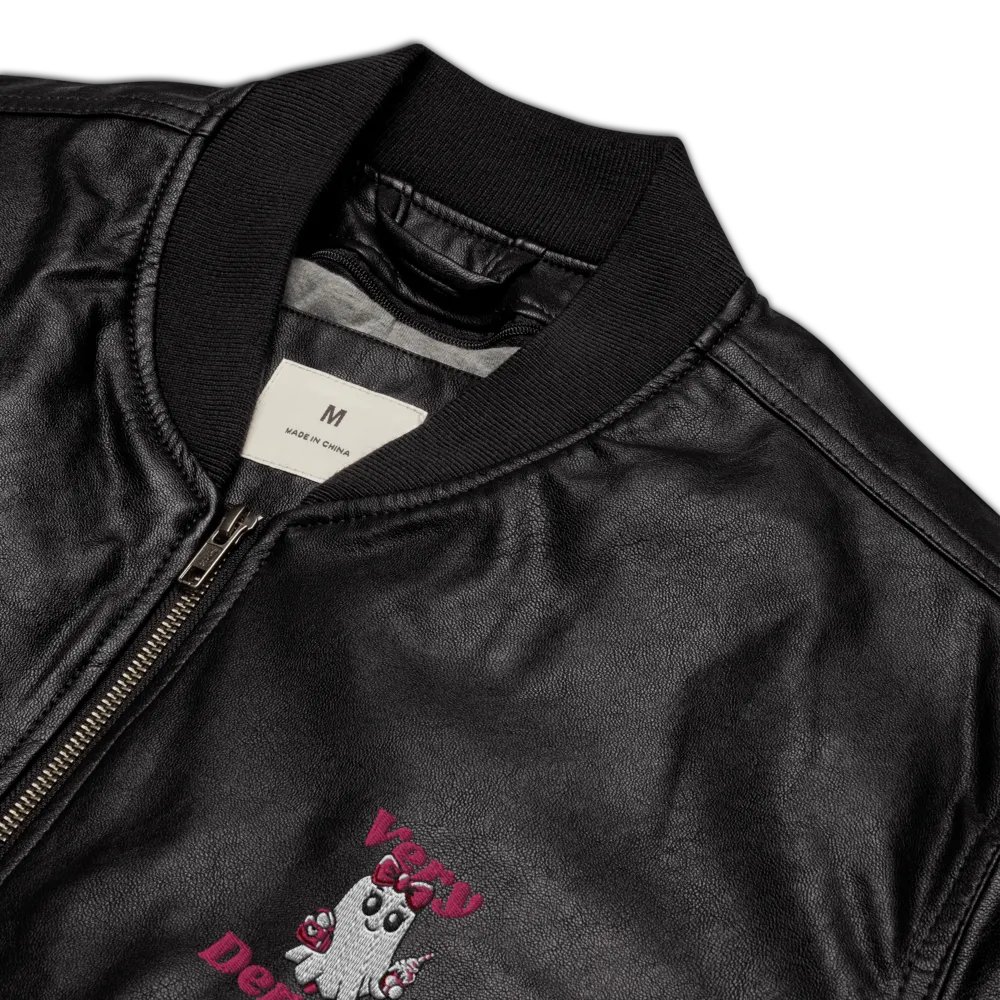 Very Demure Cute Ghost Embroidered Faux Leather Bomber Jacket product image (4)