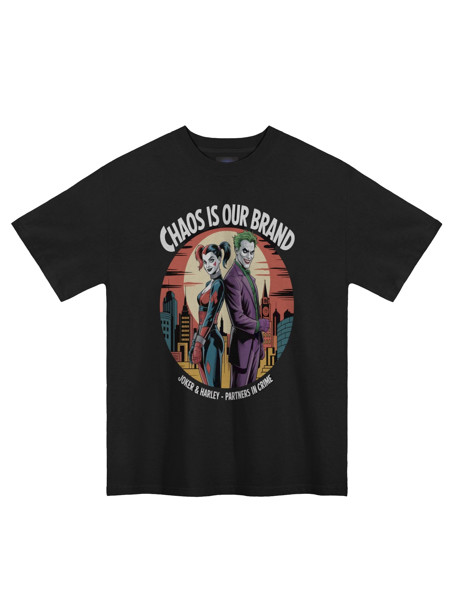 Chaos is Our Brand: Joker & Harley Gotham Twilight Partners Oversized Faded Unisex T-Shirt product image (3)