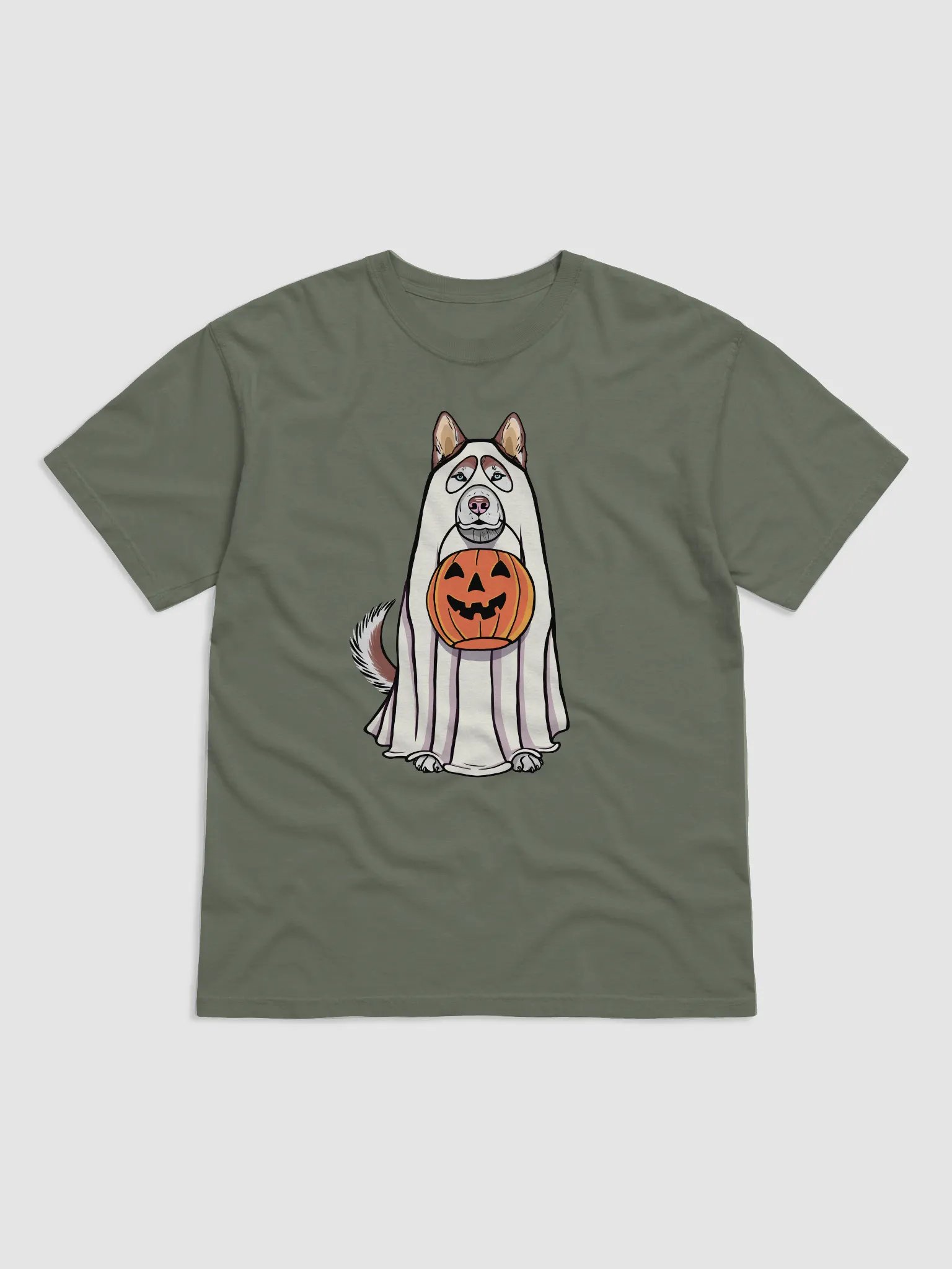 Funny Halloween Siberian Husky(Red) T-Shirt | Funny Husky Wearing a Ghost Costume and Holding a Pumpkin Basket product image (1)