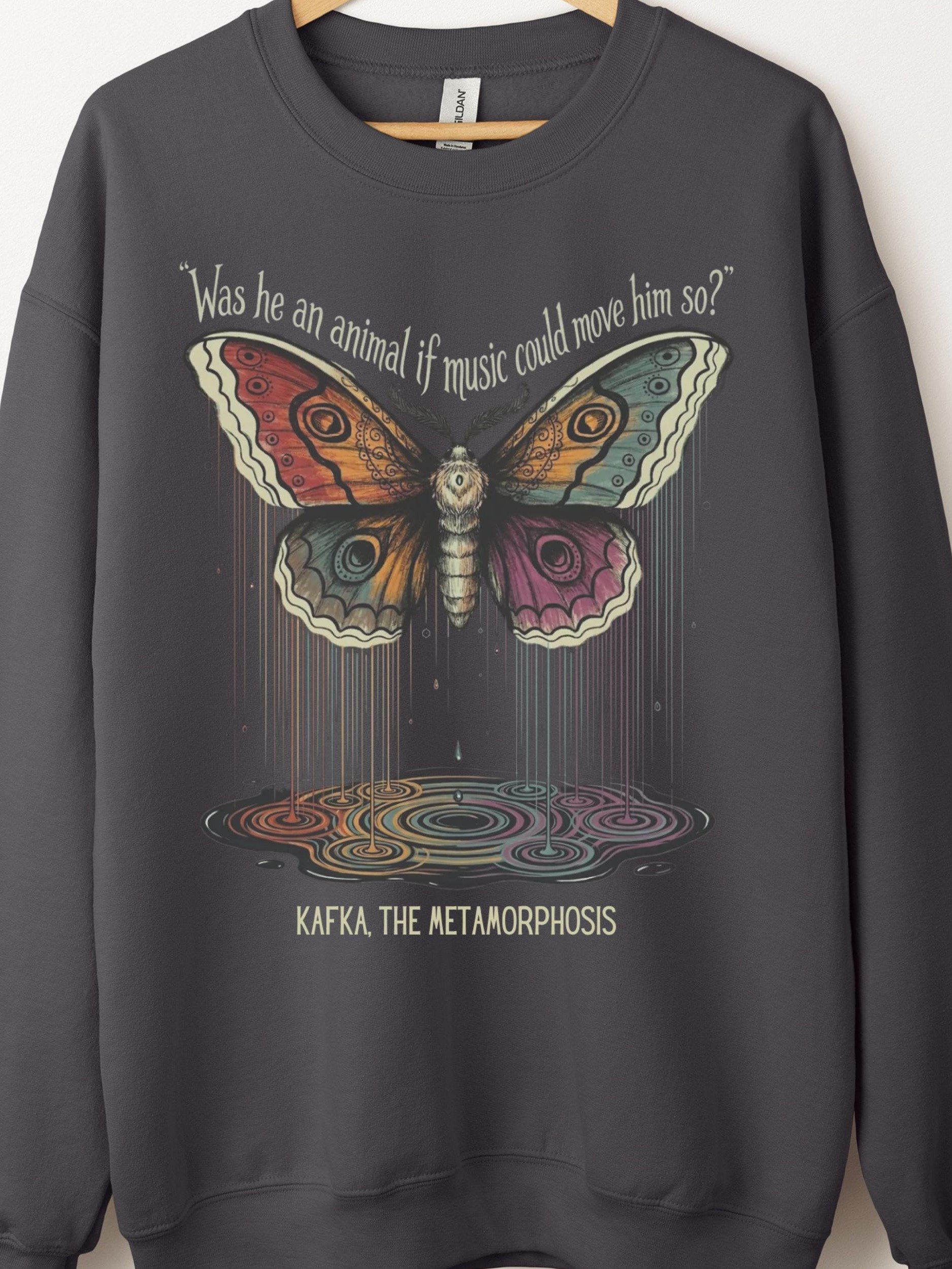 Kafka Metamorphosis Quote Sweatshirt with Psychedelic Rainbow Moth product image (26)
