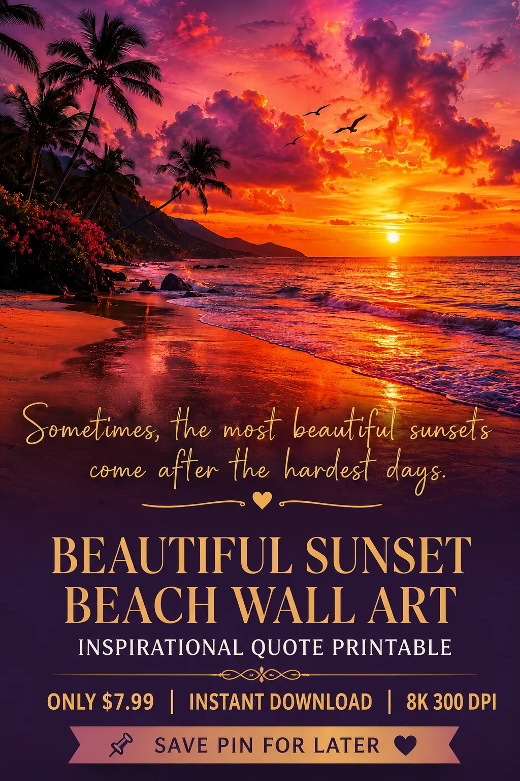 Tropical Sunset Beach Wall Art Print | Inspirational Quote Digital Download 8K JPEG product image (1)