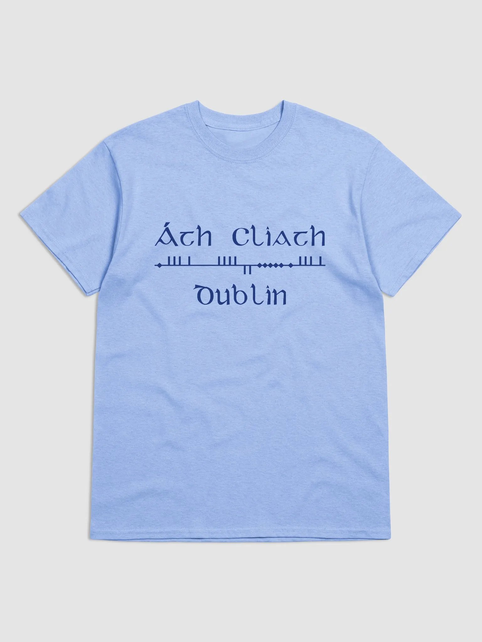 Dublin/Áth Cliath Scholastic style Ogham, light blue with navy, printed T-shirt product image (1)