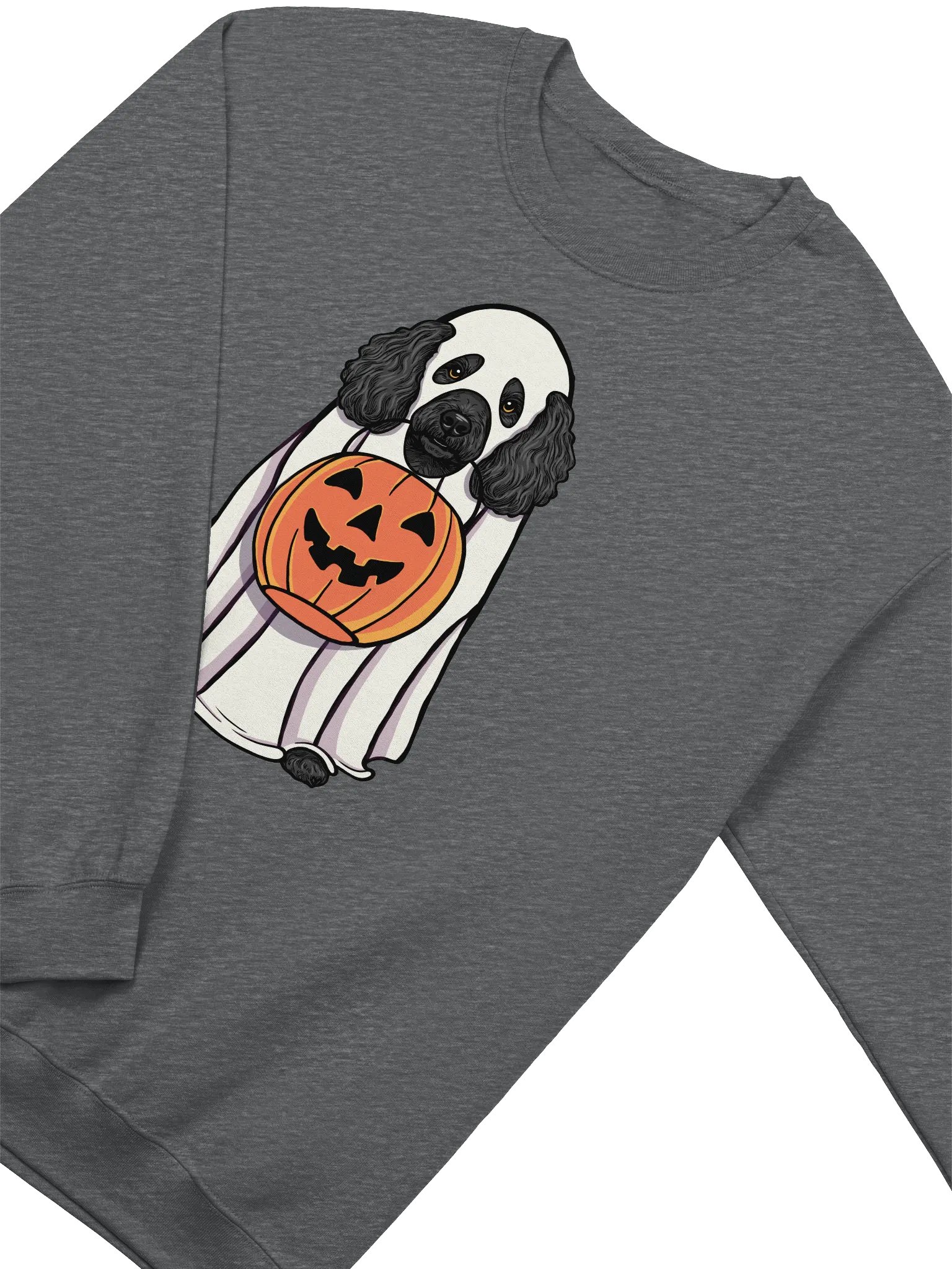 Funny Halloween Mini Poodle(Black) Sweatshirt | Funny Poodle Wearing a Ghost Costume and Holding a Pumpkin Basket product image (4)