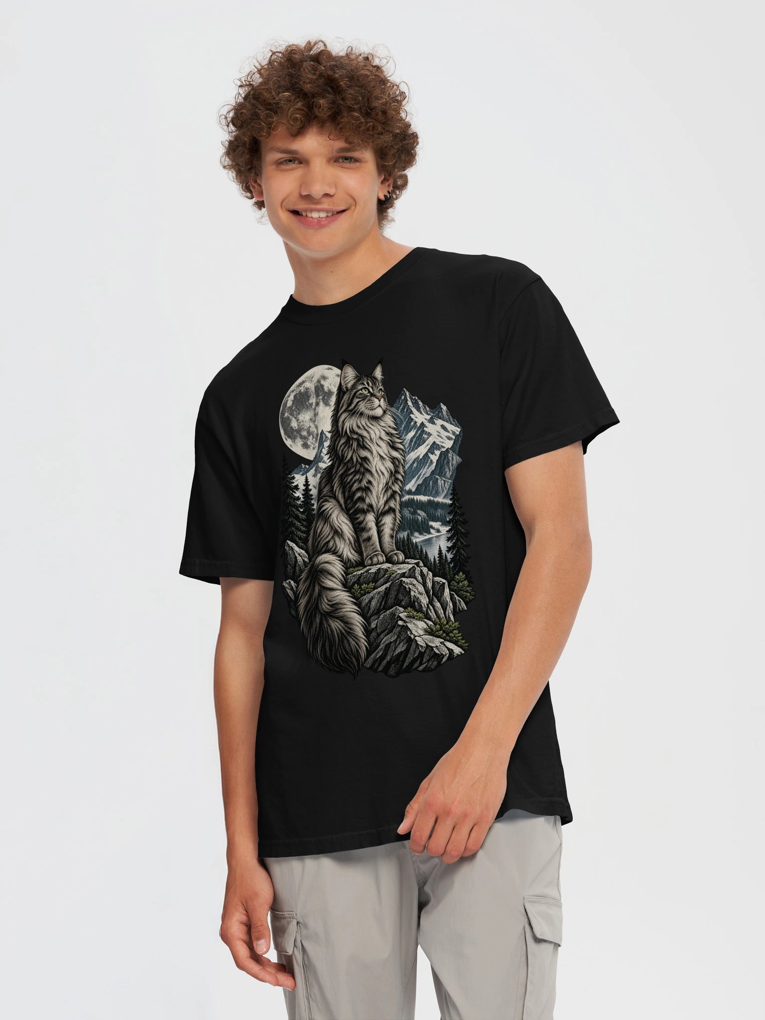 Moonlit Mountain Cat T-Shirt – Wild Nature Graphic Tee product image (1)