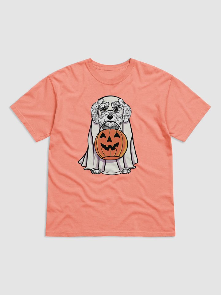 Funny Halloween Havanese(White) T-Shirt | Funny Havanese Wearing a Ghost Costume and Holding a Pumpkin Basket product image (1)