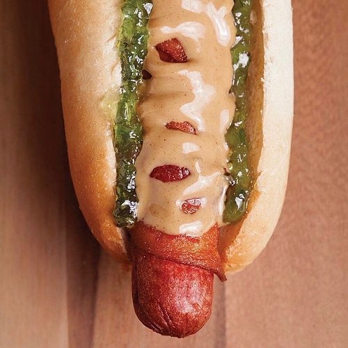 The PBB&JJ!  A favorite for 11 years.  Bacon-wrapped dog with peanut butter and house made jalapeño jelly 😋 #steamieweenie