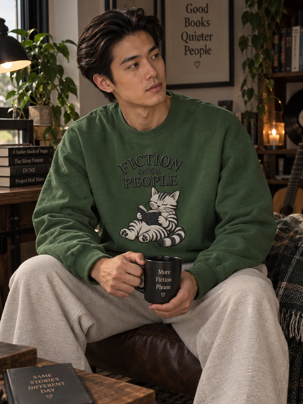 Fiction Over People Book Lover Cat Sweatshirt | Cotton Heritage Premium Sweatshirt product image (55)