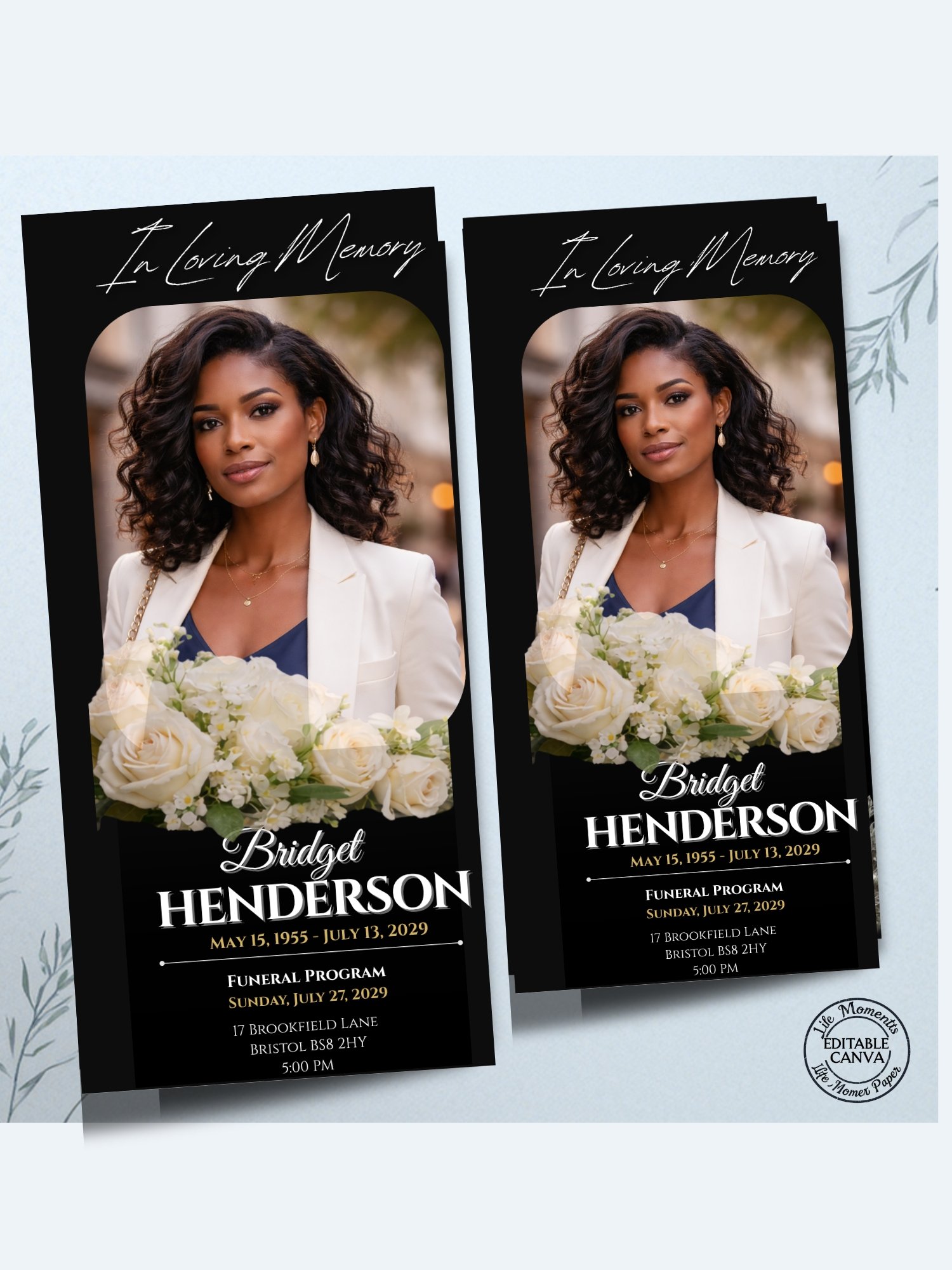 Celebration of Life Trifold for Women | Black & Gold Funeral Program, 6-Page US Letter Canva Template product image (3)