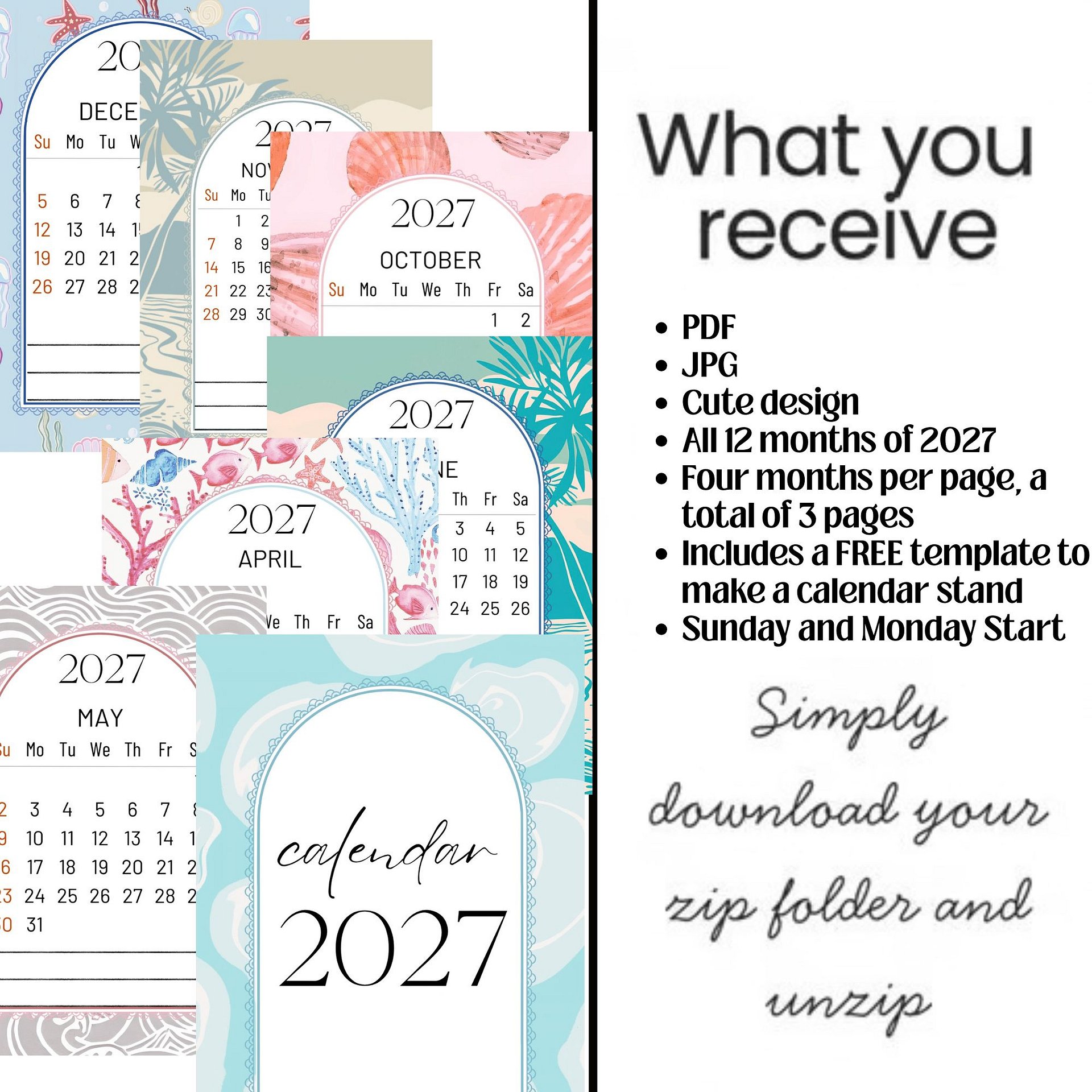 2027 Ocean Themed Mini Desk Calendar Teacher's Gift Small Printable with Easel product image (3)