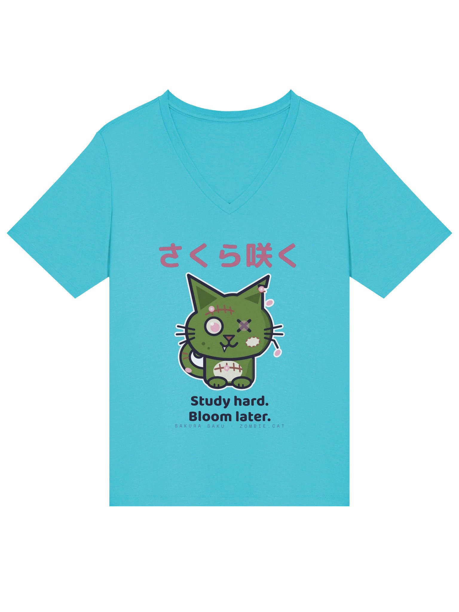 Sakura Bloom Zombie Cat Women's Relaxed V-Neck T-Shirt product image (2)