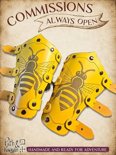 Bee bracers finished for a costume commission.

I can make you bracers in your chosen colour, and with any design on, so just...