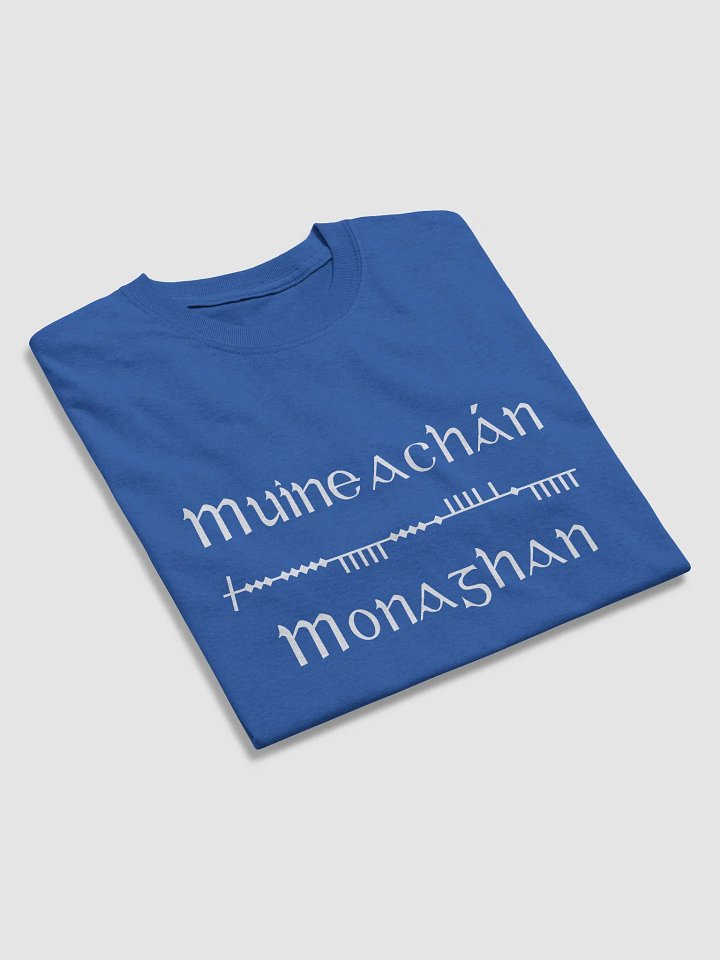 Monaghan/Muineachán Scholastic style Ogham blue printed T-shirt product image (2)