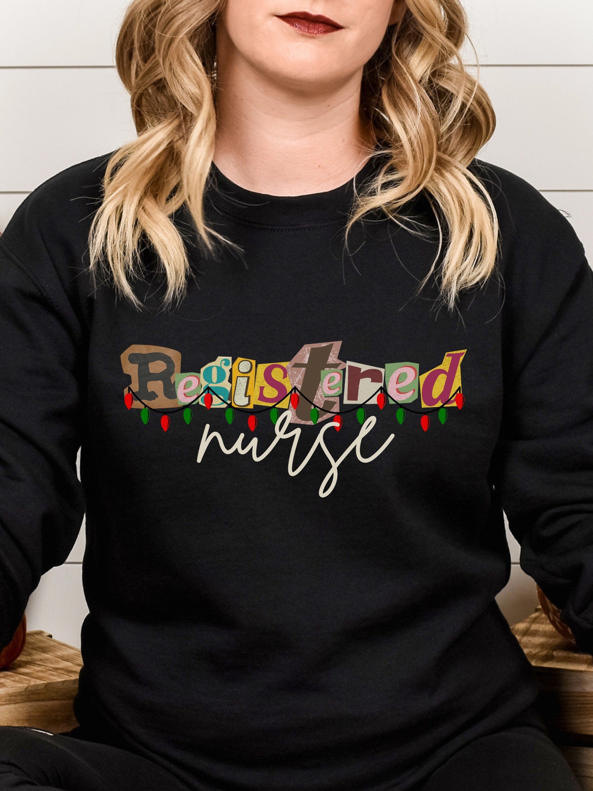 Registered Nurse Christmas Retro Sweatshirt with Christmas Lights - Dark Colors product image (1)