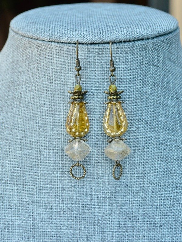 Antique Brass Bohemian Czech Glass Dangle Beaded Earrings With Earthtones product image (1)