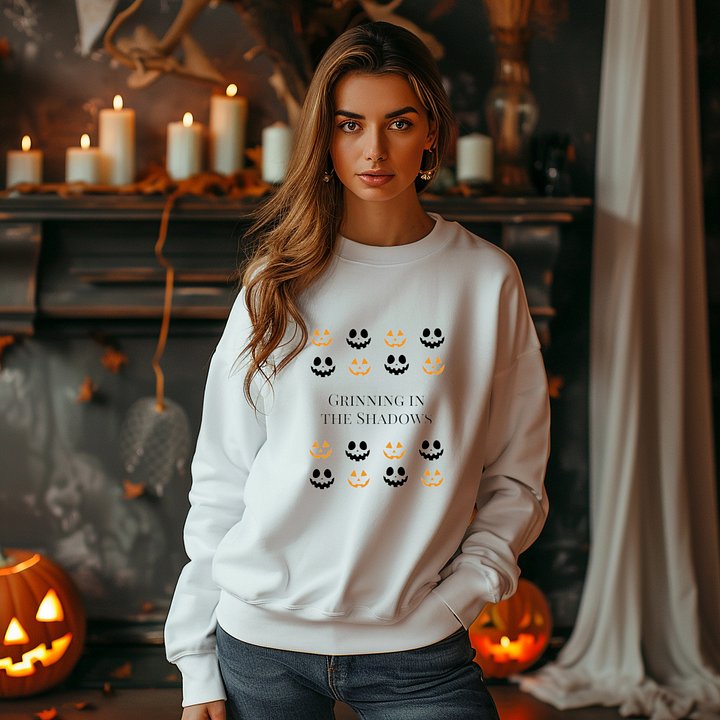 Grinning in the Shadows Crewneck Sweatshirt – Cozy Unisex Halloween Apparel product image (1)