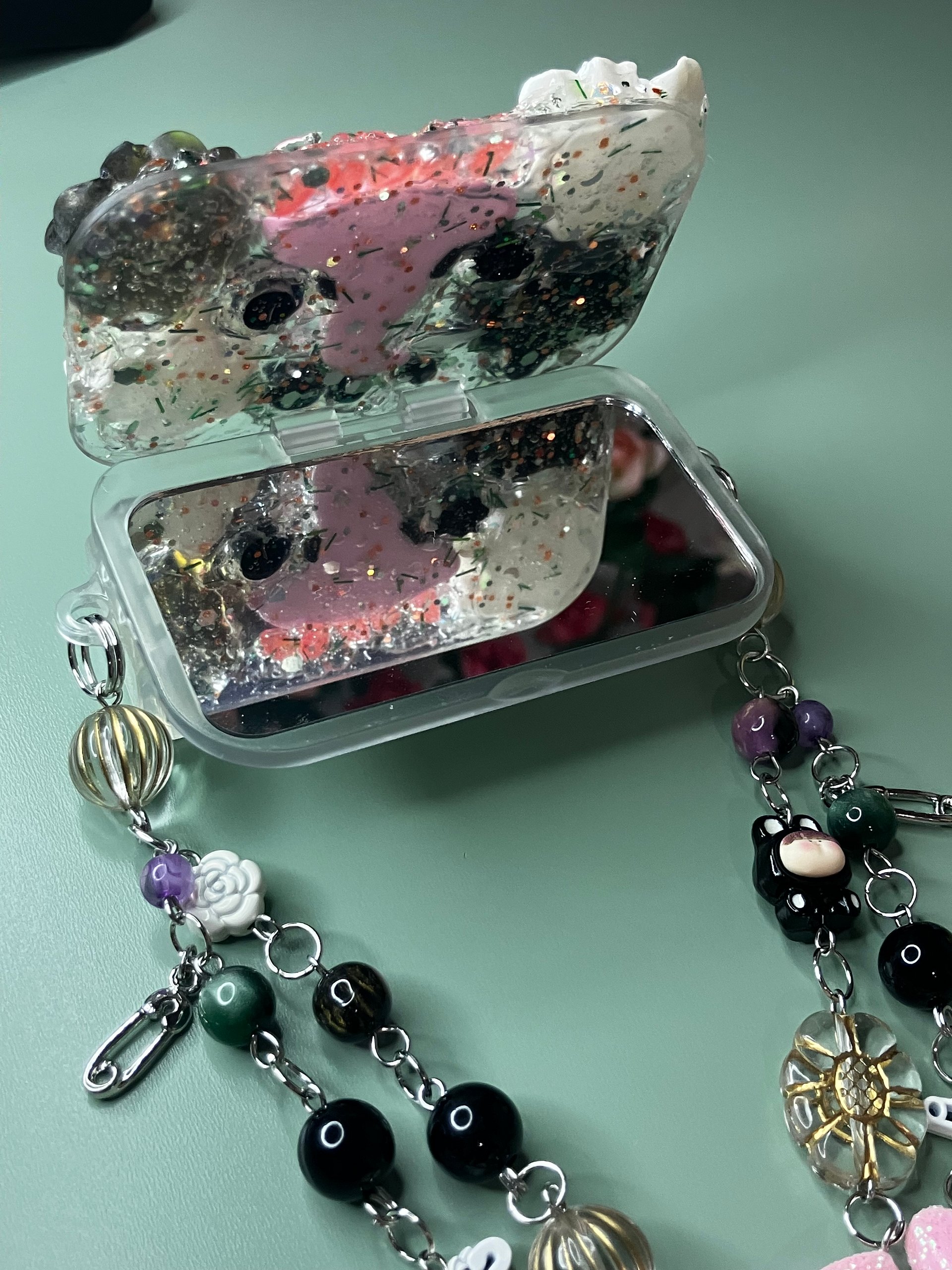 Pastel Goth Decoden Phone Clip Mirror with Beaded Dangle Charm Handmade product image (7)