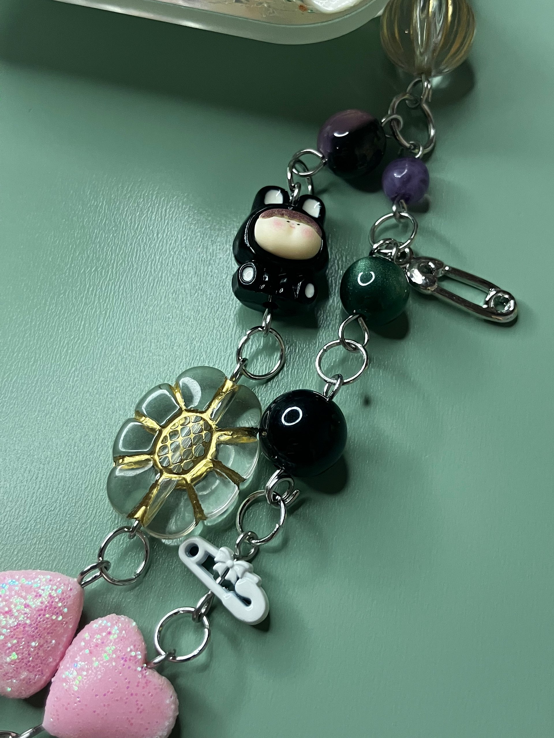 Pastel Goth Decoden Phone Clip Mirror with Beaded Dangle Charm Handmade product image (4)