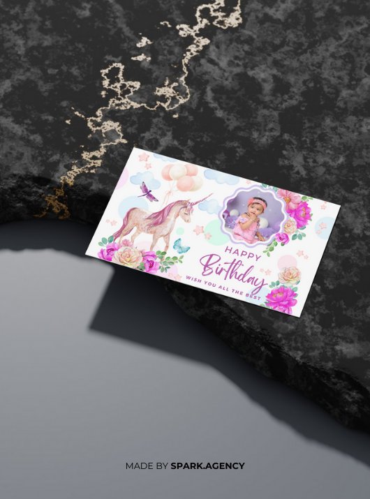 Pink Purple Watercolor Cute Unicorn Childish Birthday Card product image (2)