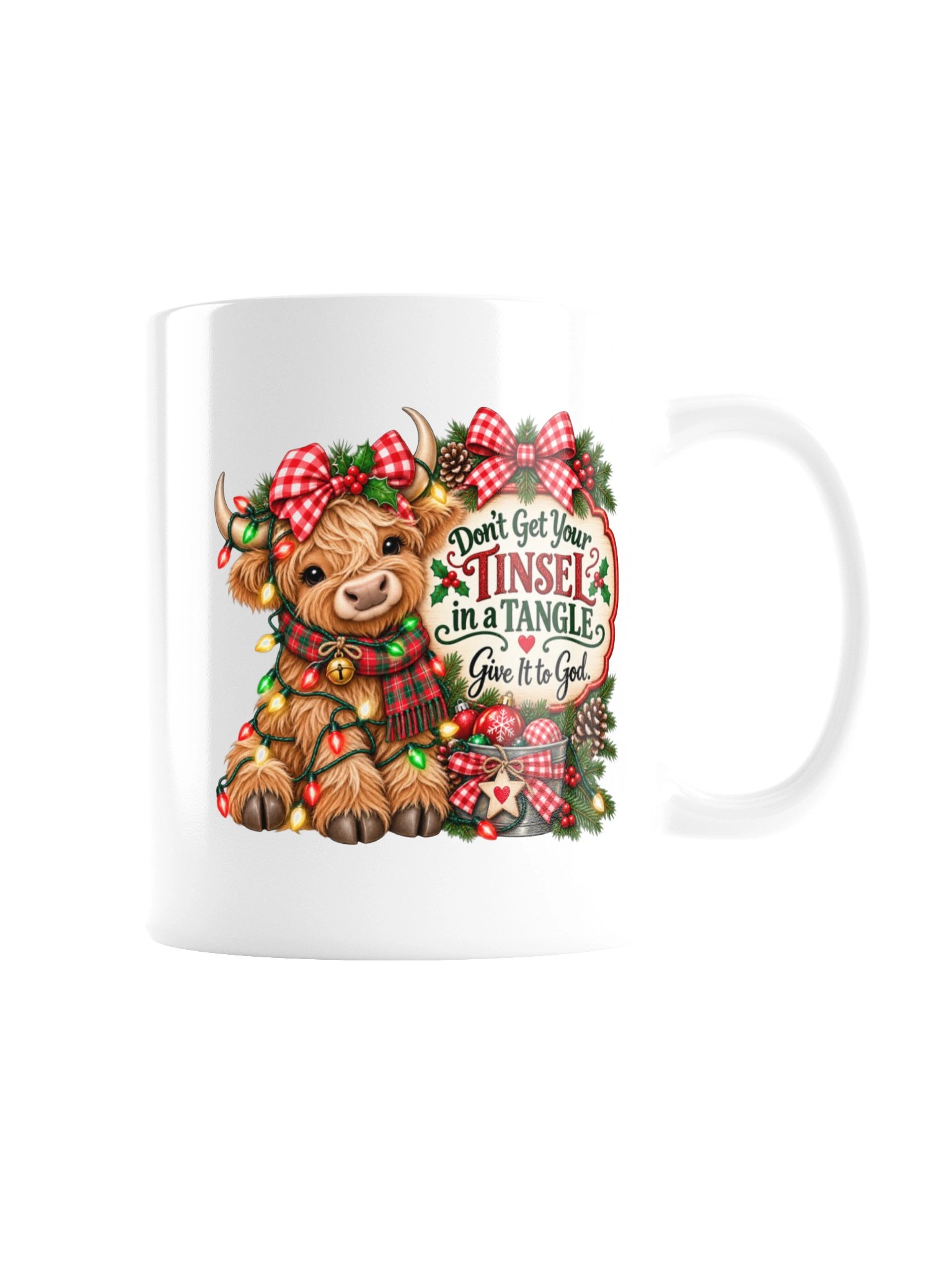 Funny Christian Christmas Mug | Highland Cow Tinsel Mug | Give It to God | Christmas Coffee Cup product image (5)