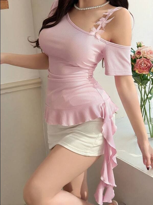 3D Butterfly Appliqué Cold Shoulder Ruffle Hem Blouse — Apricot Rib Knit product image (3)