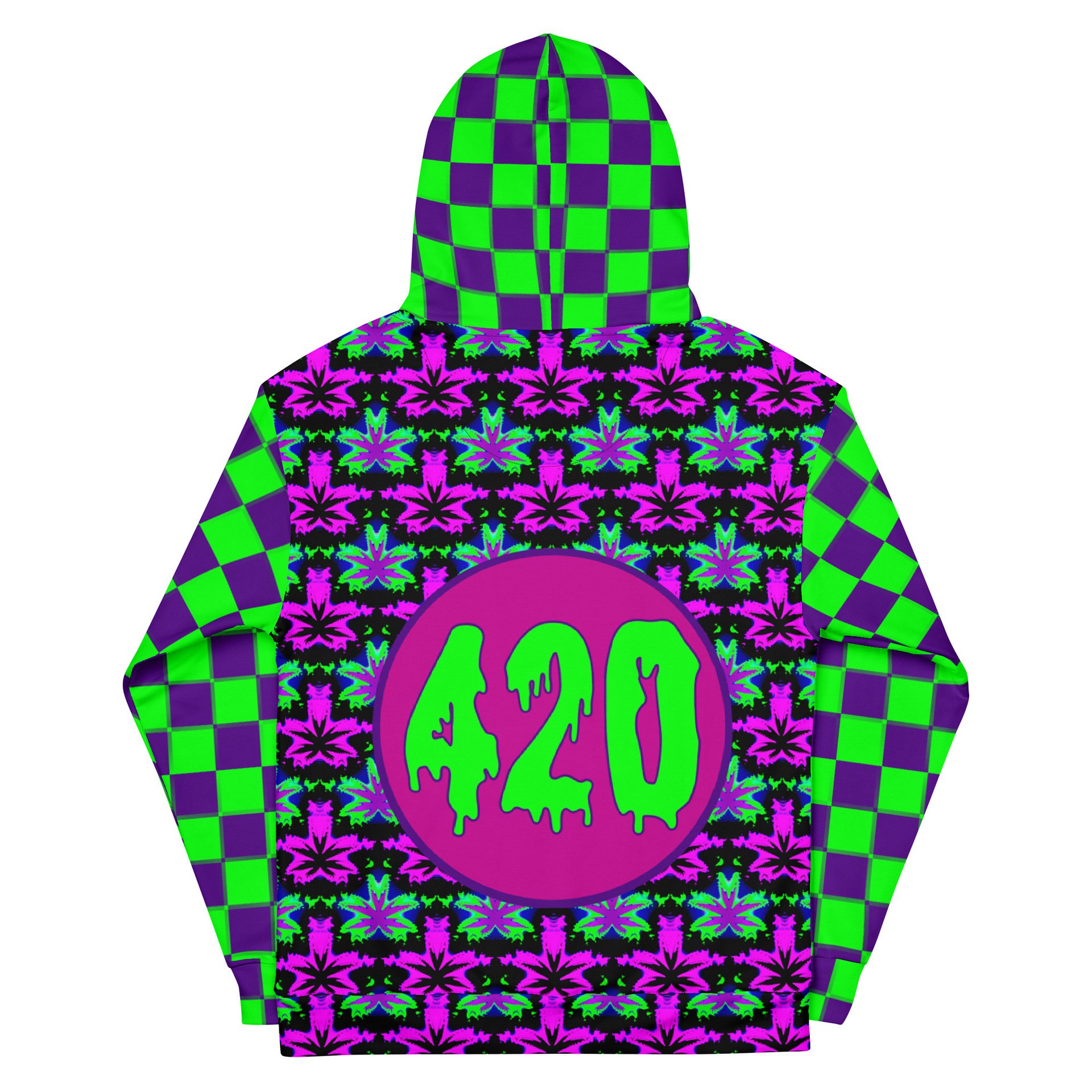 Pot Leaf 420 Festival Hoodie, Cannabis Clowncore Checkers Clothing, Neon Retro Raver Stoner Fashion, Twisted Techno Top, Weird Weed EDM Wear product image (8)