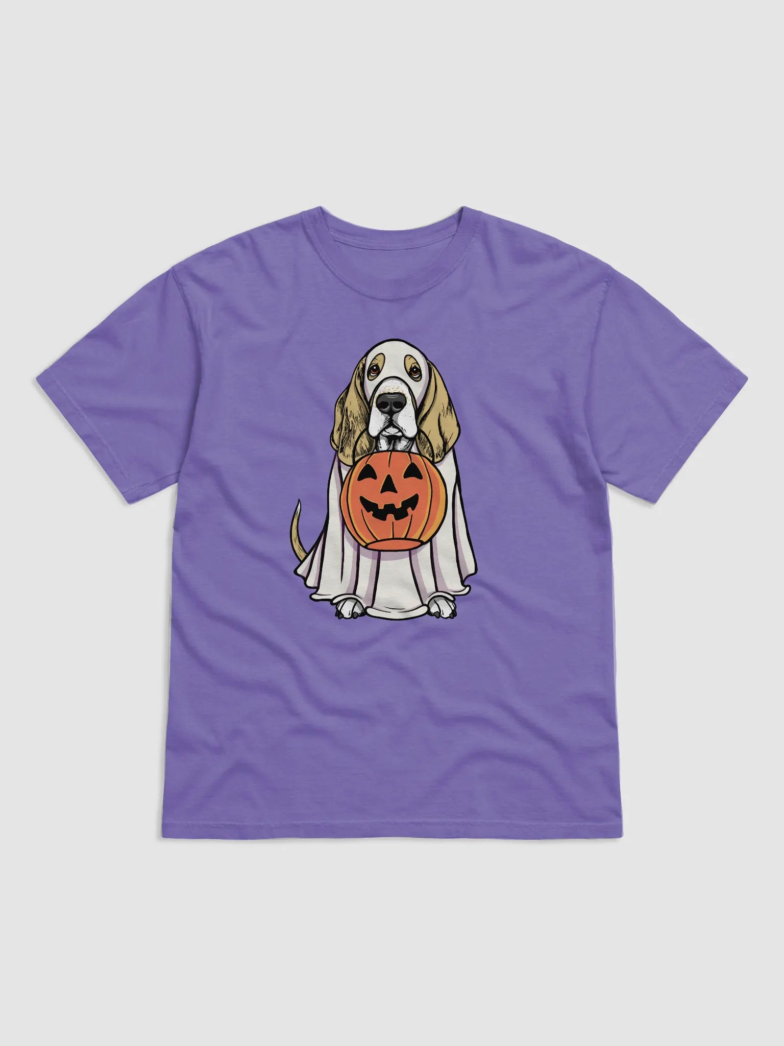 Funny Halloween Basset Hound(Lemon) T-Shirt | Funny Basset Hound Wearing a Ghost Costume and Holding a Pumpkin Basket product image (1)