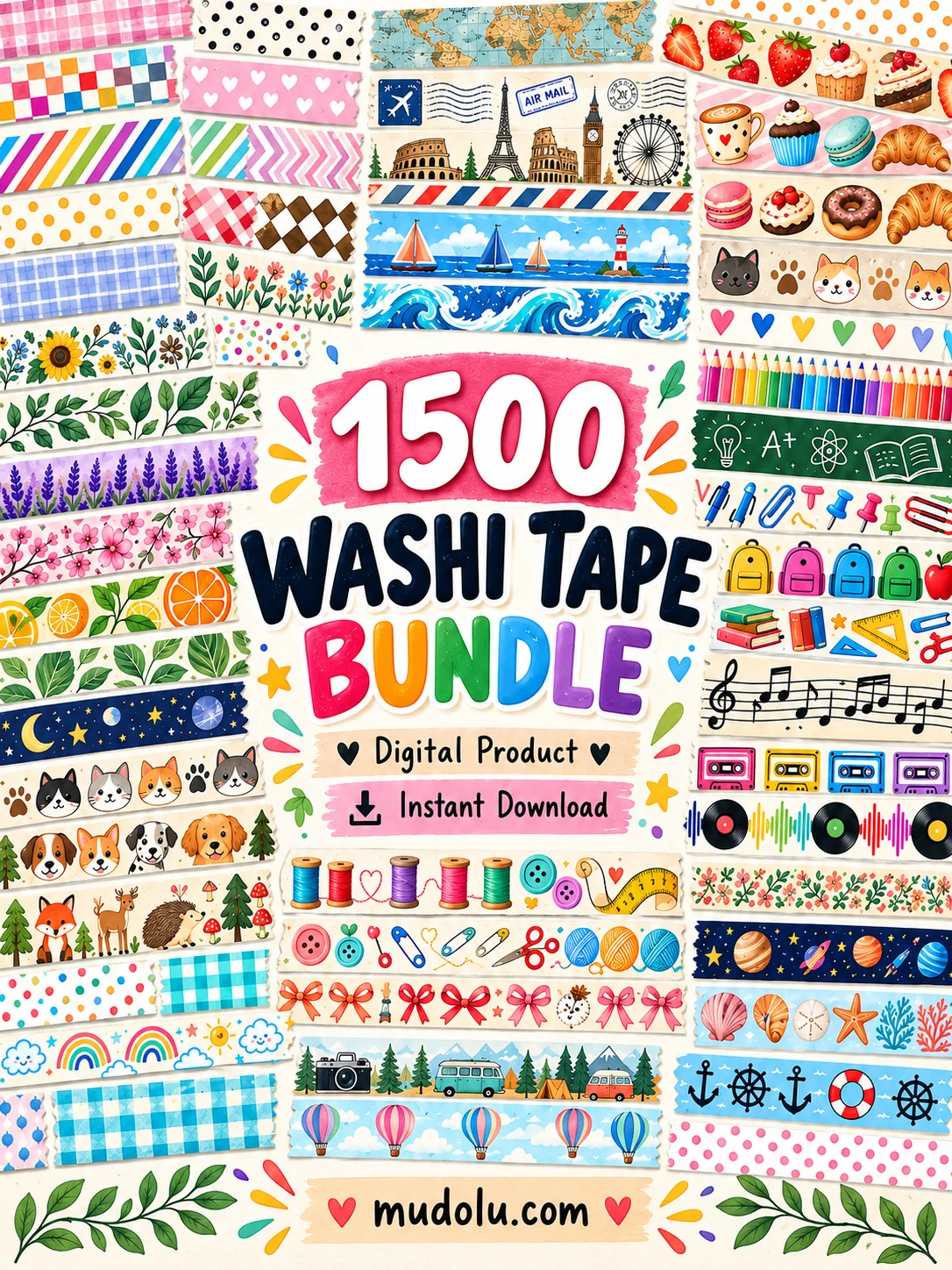 1500 Printable Washi Tape Bundle, Digital PNG Strips, Floral Ocean Travel Designs, Scrapbook Borders, Journal Ephemera product image (1)