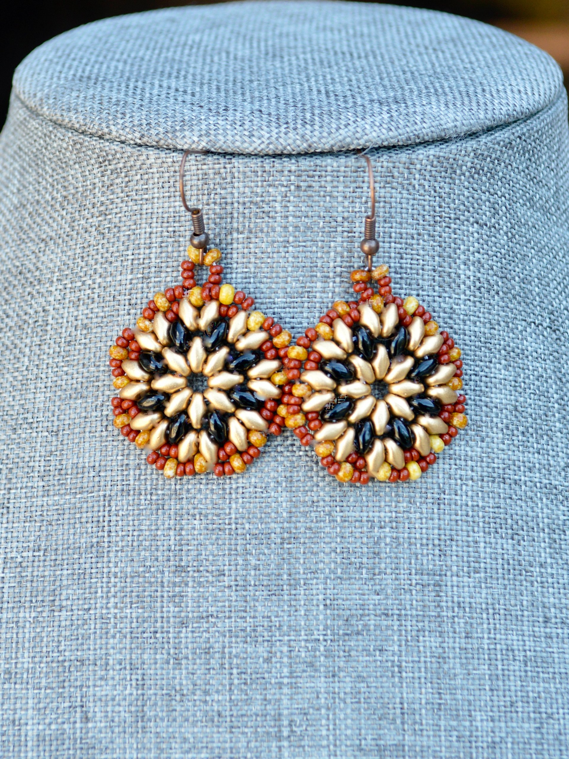 Handmade Flower Beaded Seed Bead Dangle Earrings With Copper and Black Beads product image (1)