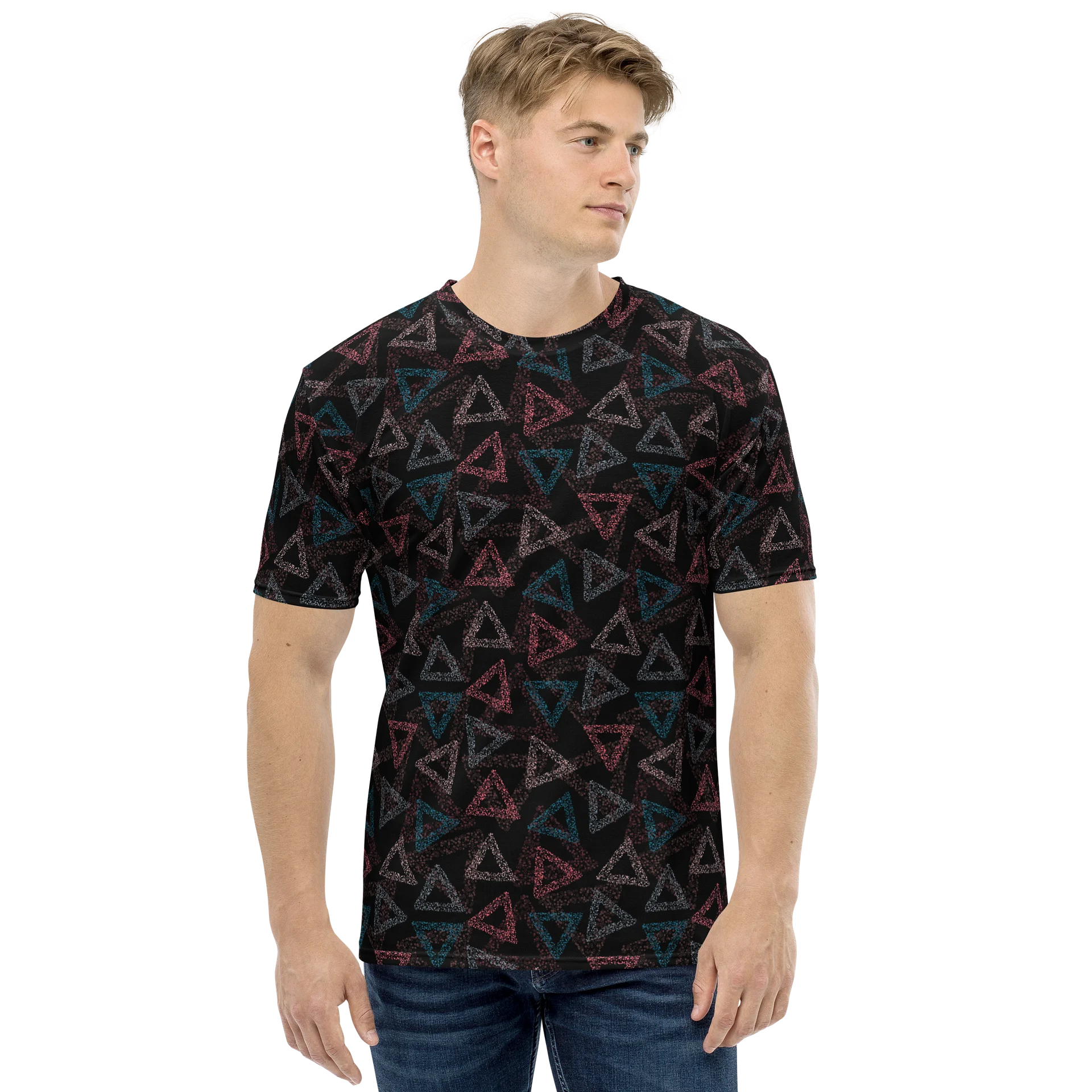 Vibrant Crew Neck T-Shirt with Colorful Rainbow Triangles product image (1)