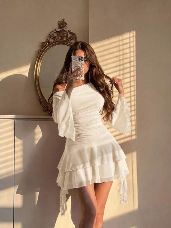 Skyraze Wine Red Flared Sleeve Ruffle Asymmetric Neck Long Sleeve Dress Going Out Night Out Date Night Autumn Sexy,Halloween product image (10)