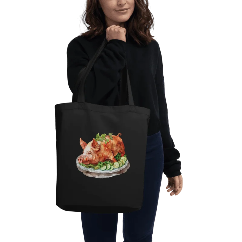 LECHON TOTE: VERSATILE USE, ORGANIC BLACK TOTE BAG, FILIPINO (DOUBLE-SIDED), PORK ROASTED PIG product image (1)
