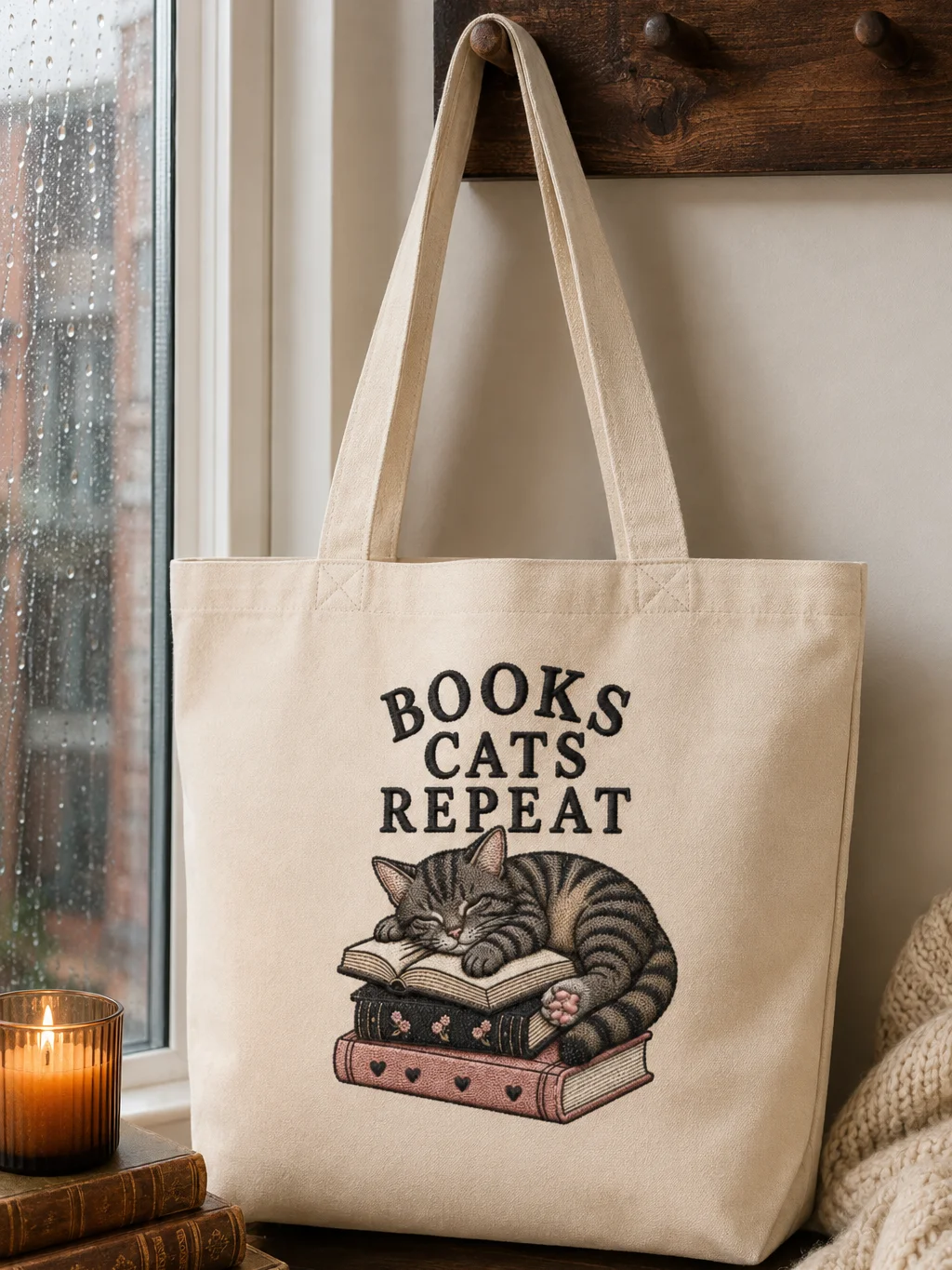 Books Cats Repeat Organic Cotton Tote Bag | Cat Book Lover Gift product image (2)