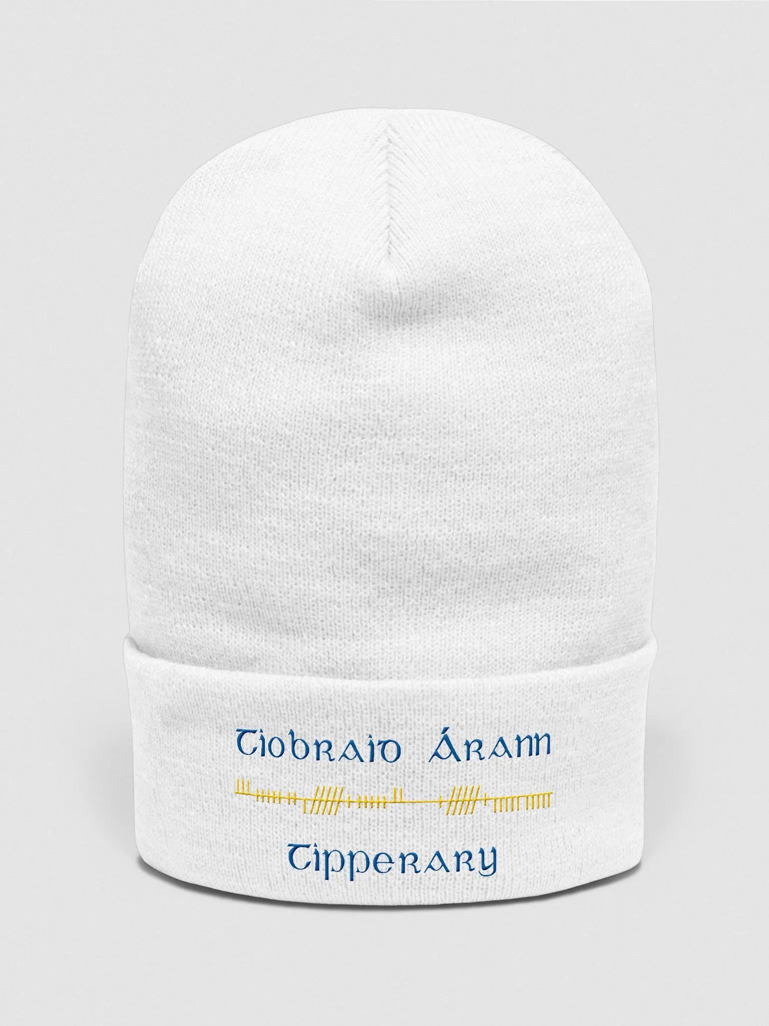 Tipperary/Tiobraid Árann Orthodox style Ogham, blue and gold, embroidered Cuffed Beanie product image (6)