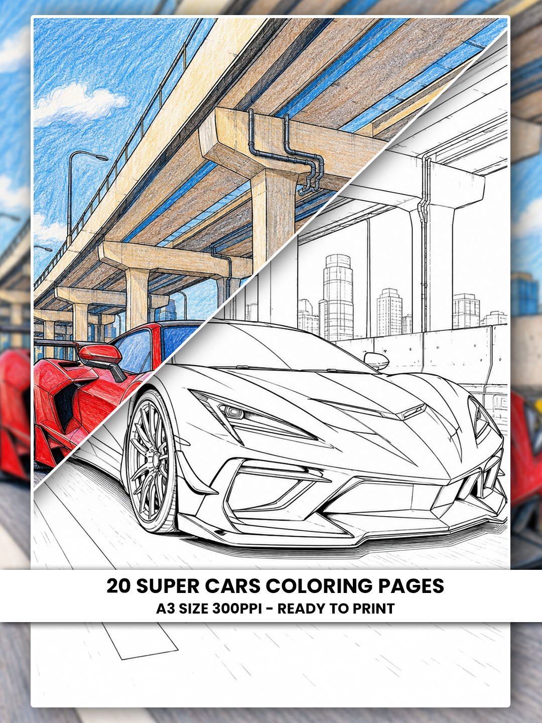 Supercar Coloring Pages Printable | 20 Exotic Sports Car Designs | A3 Automotive Coloring Book PDF for Adults product image (1)