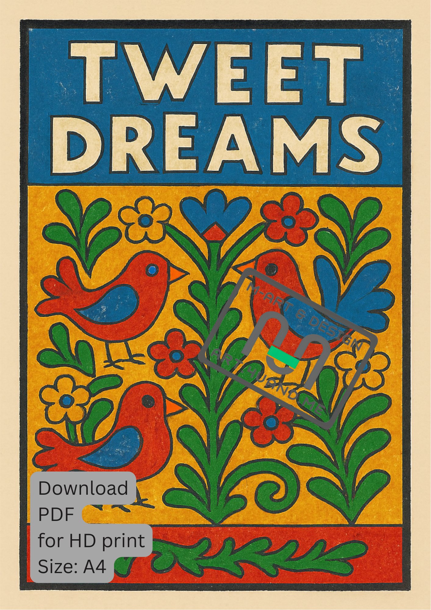 Tweet Dreams — Folk Art A4 Digital Print - Digital Product PDF file product image (1)