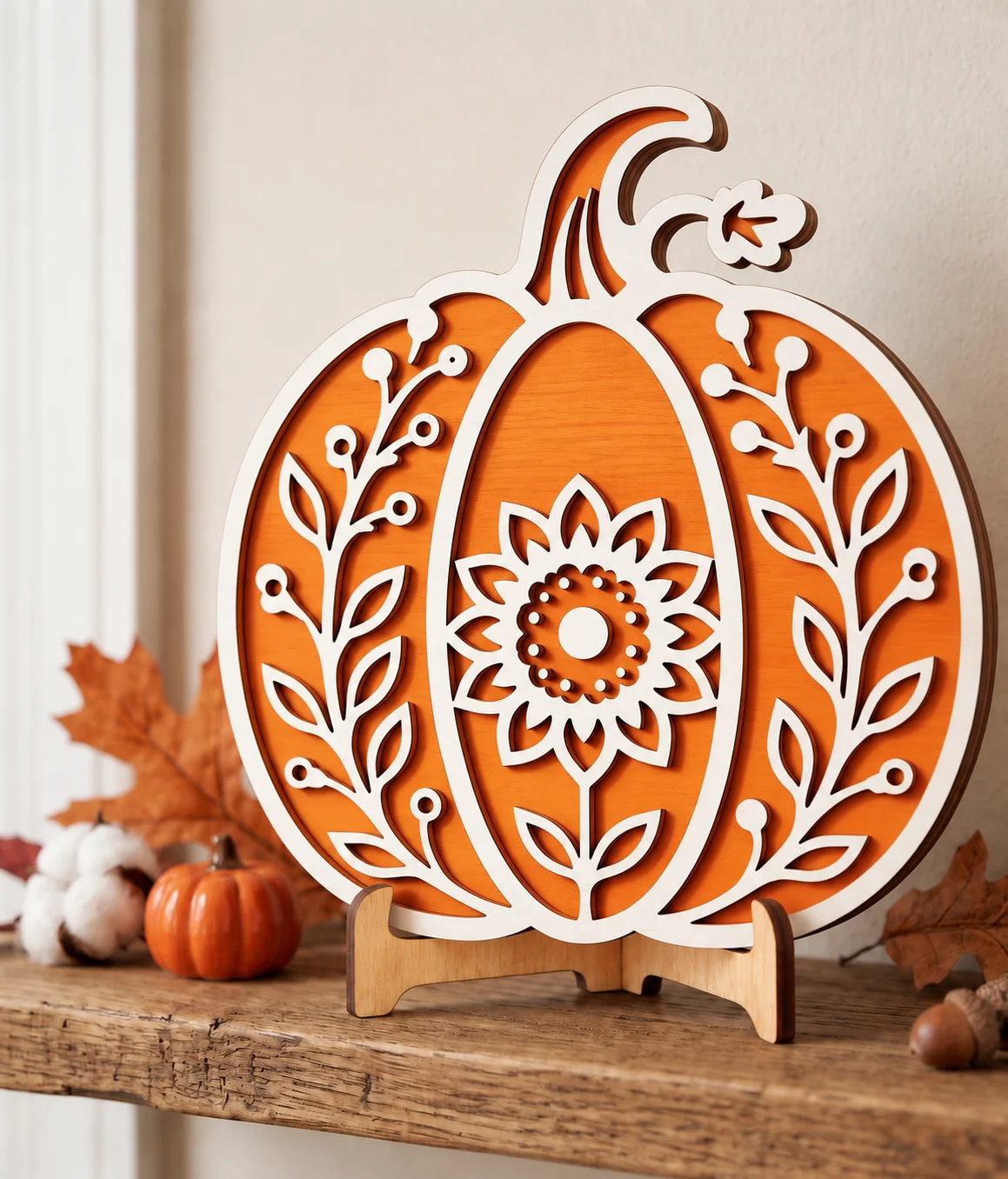 12" Handmade Layered Wooden Pumpkin with Stand | Fall Décor product image (1)