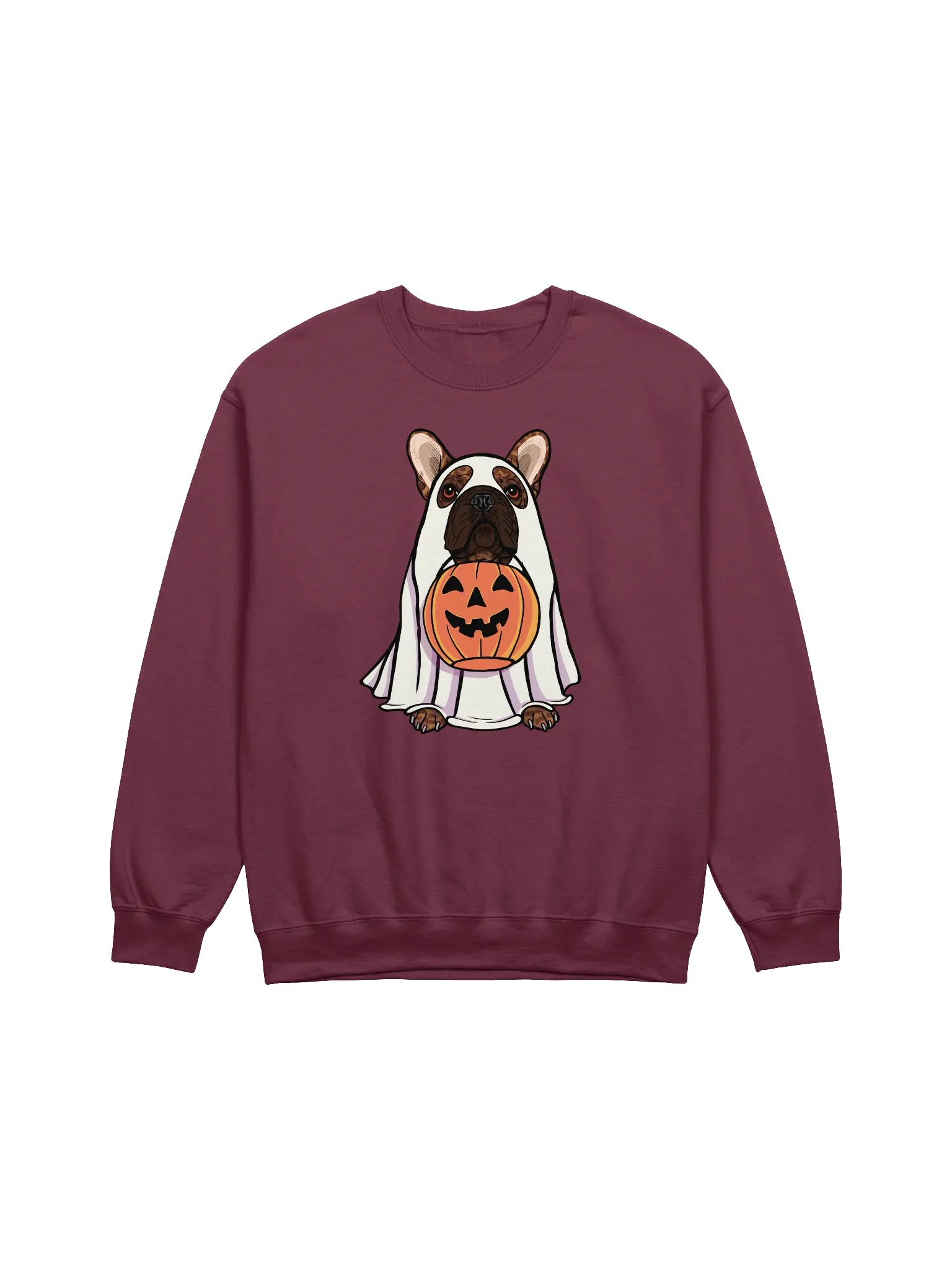 Funny Halloween French Bulldog(Brindle) Sweatshirt | Funny Frenchie Wearing a Ghost Costume and Holding a Pumpkin Basket product image (1)