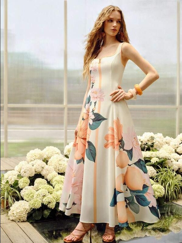 MOTF PREMIUM WOMEN'S FLORAL PRINT SQUARE NECK SLEEVELESS CINCHED WAIST DRESS, SUITABLE FOR SUMMER VACATION product image (1)