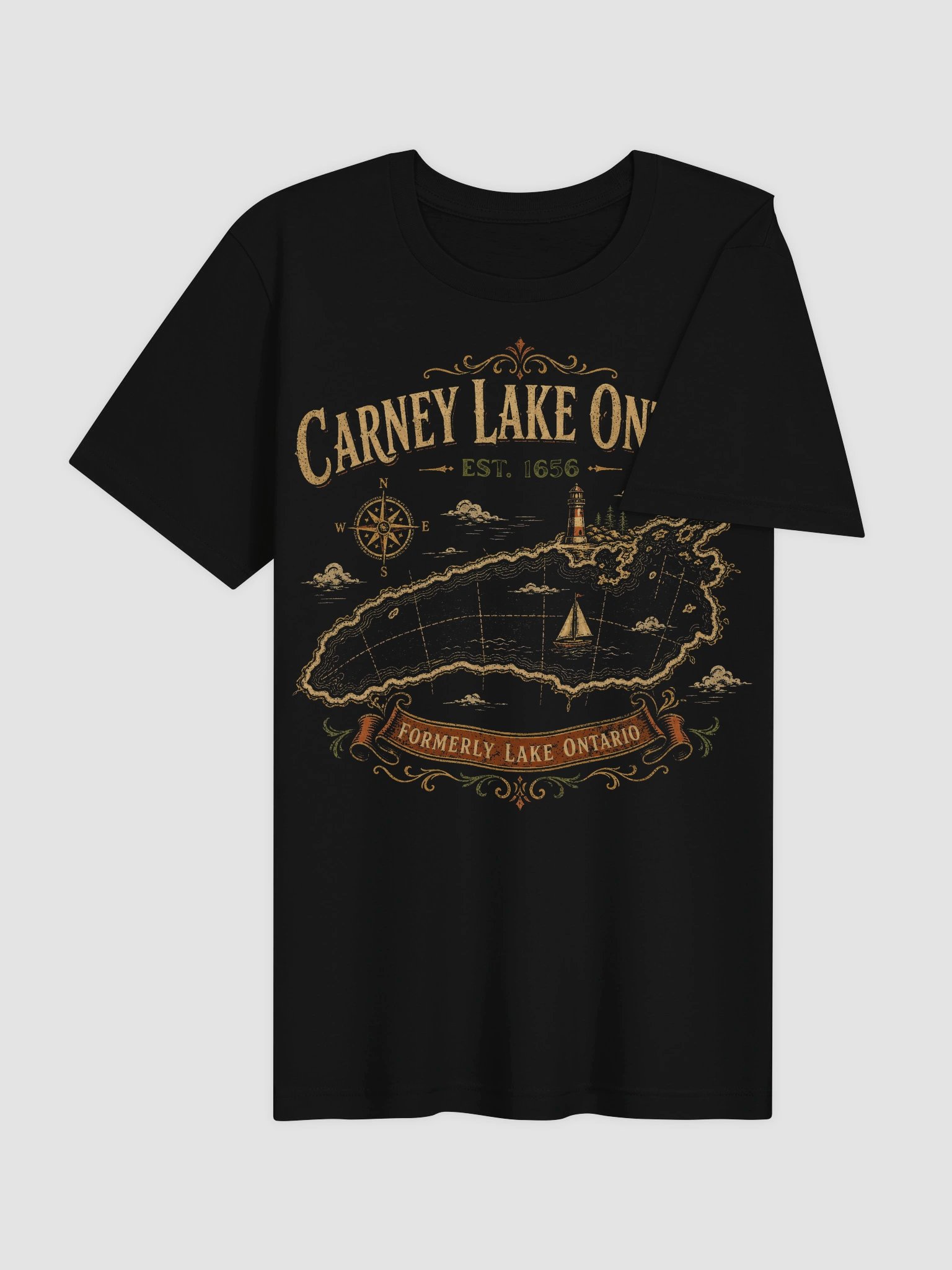 Carney Lake Ontario EST 1656 Retro Vintage Lake Ontario Scenic Lighthouse Lake Ontario Map T-Shirt product image (34)