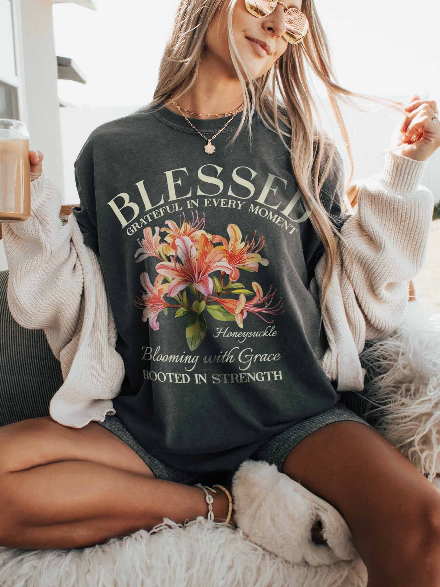 June Blessed Honeysuckle Flower Shirt – Blooming with Grace, Rooted in Strength Graphic Tee product image (2)