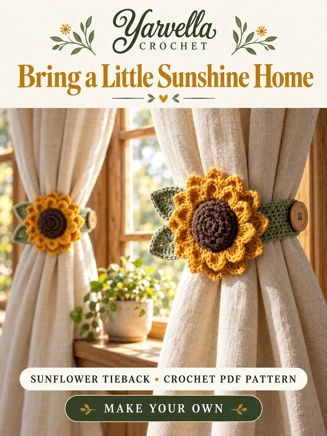 Sunflower Curtain Tieback Crochet Pattern PDF – Floral Window Holdback product image (4)