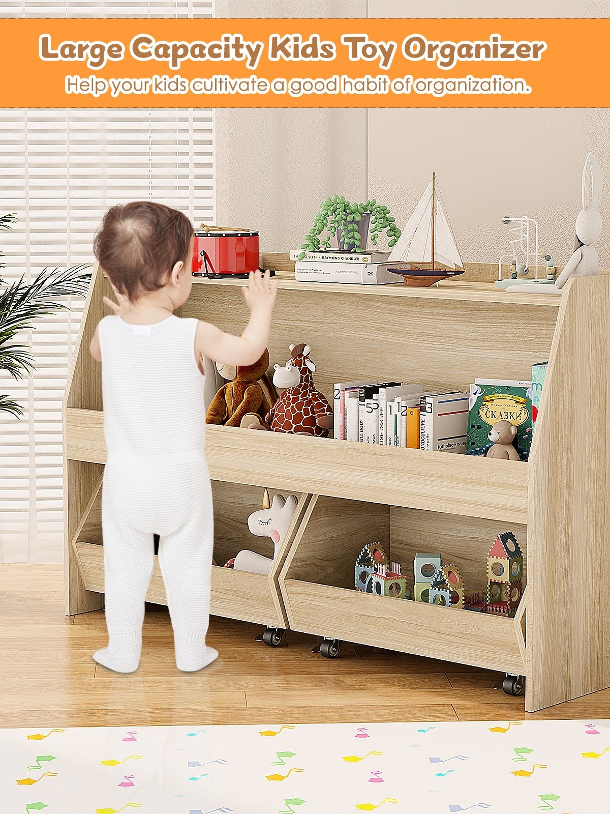 2-Tier Portable Toy Storage, Kids Toy Organizer W/2 Removable Bins with 4 Wheels（Wood) product image (5)