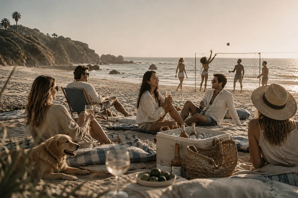 Friends relaxing on a California beach at sunset with drinks, picnic blankets, a golden retriever, and people playing volleyball by the ocean.