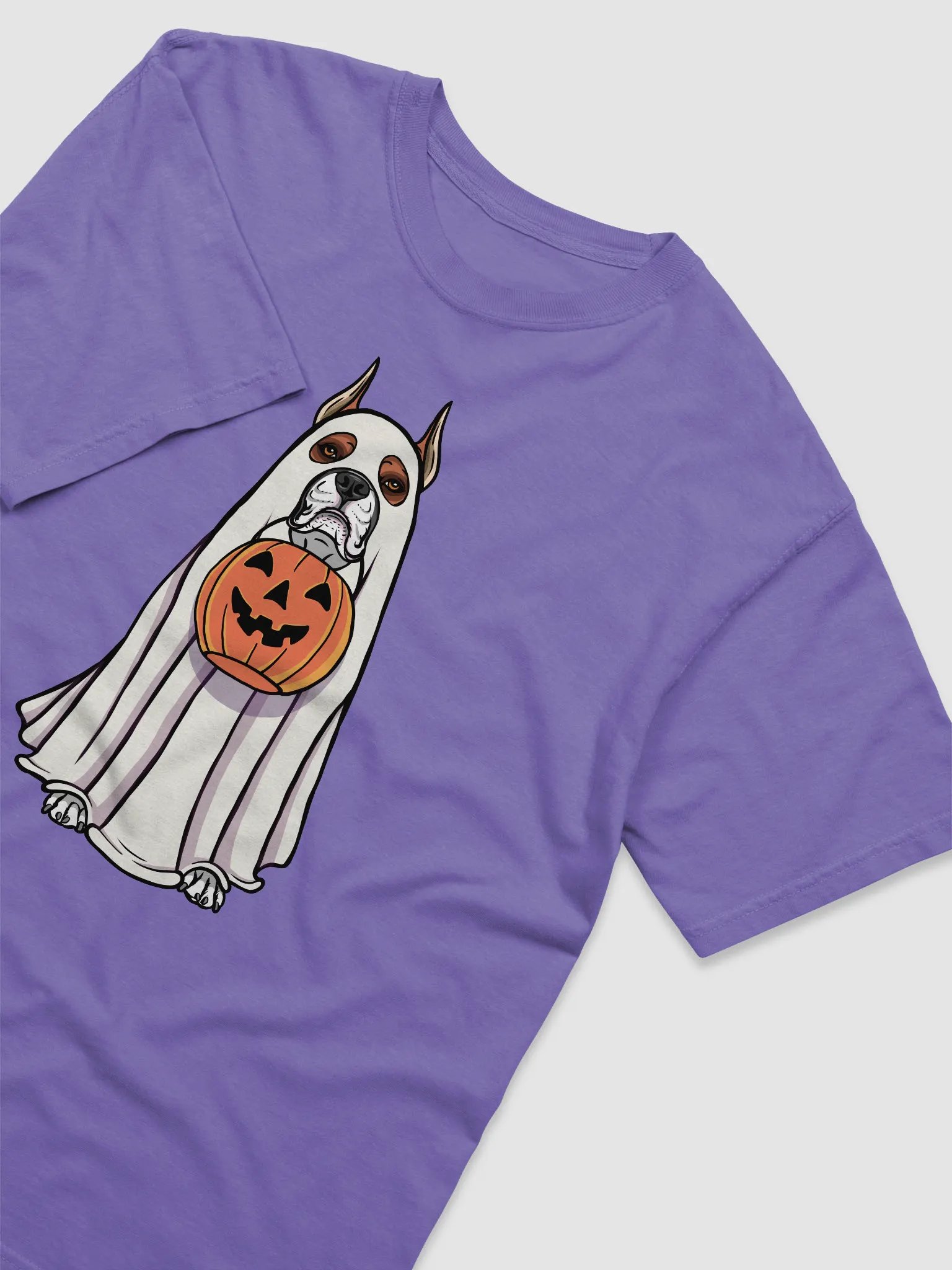 Funny Halloween Boxer Dog(Cropped Ears) T-Shirt | Funny Boxer Wearing a Ghost Costume and Holding a Pumpkin Basket product image (6)