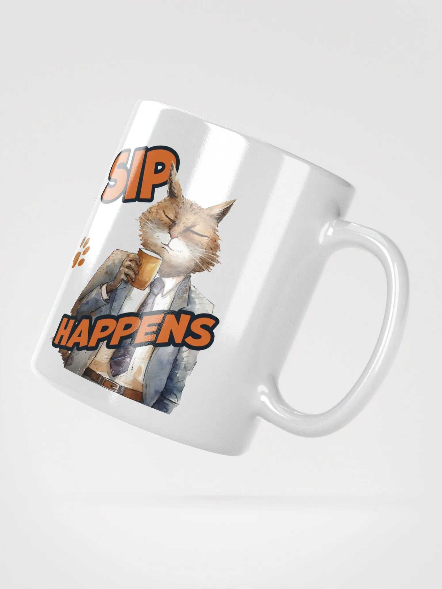 Cat Chat: "Sip happens." White glossy mug product image (11)