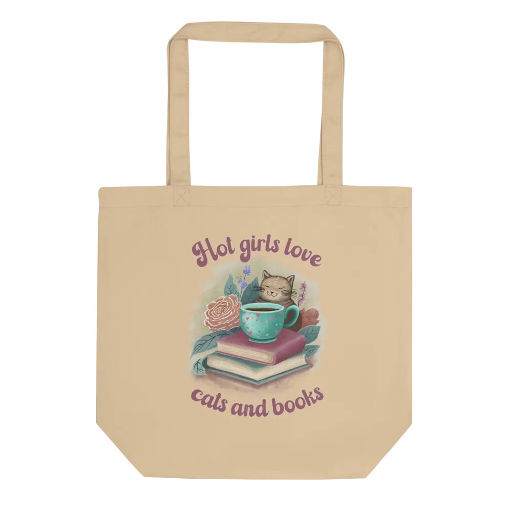 Hand-drawn cat floral canvas tote bag, Gift for a book lover - Hot Girls Love Cats and Books product image (3)