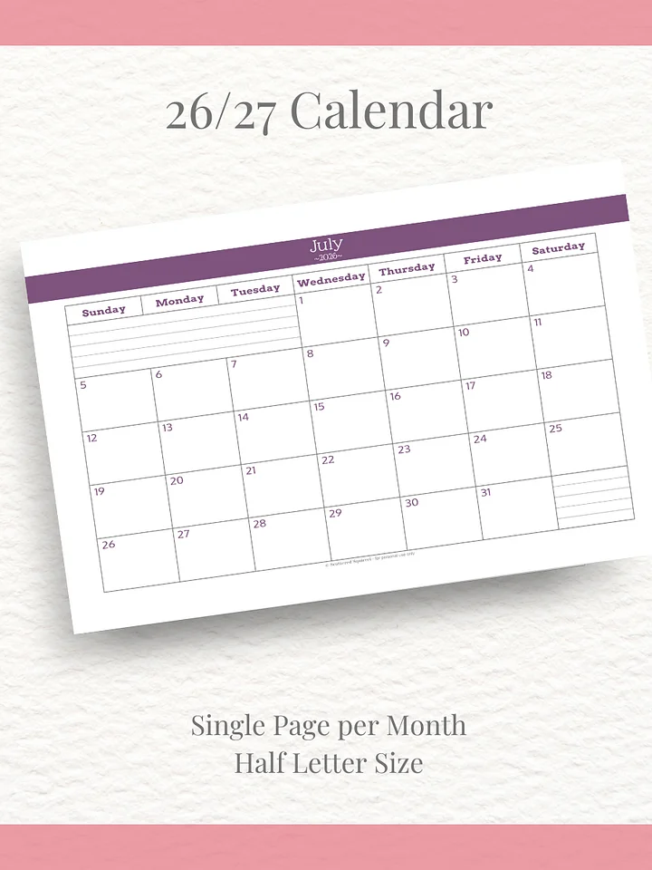 Understated Rainbow - 26/27 Calendar - Single Page per Month - Half Letter Size product image (1)