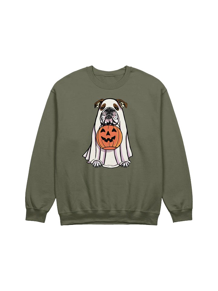 Funny Halloween English Bulldog(Brindle) Sweatshirt | Funny English Bulldog Wearing a Ghost Costume and Holding a Pumpkin Basket product image (1)